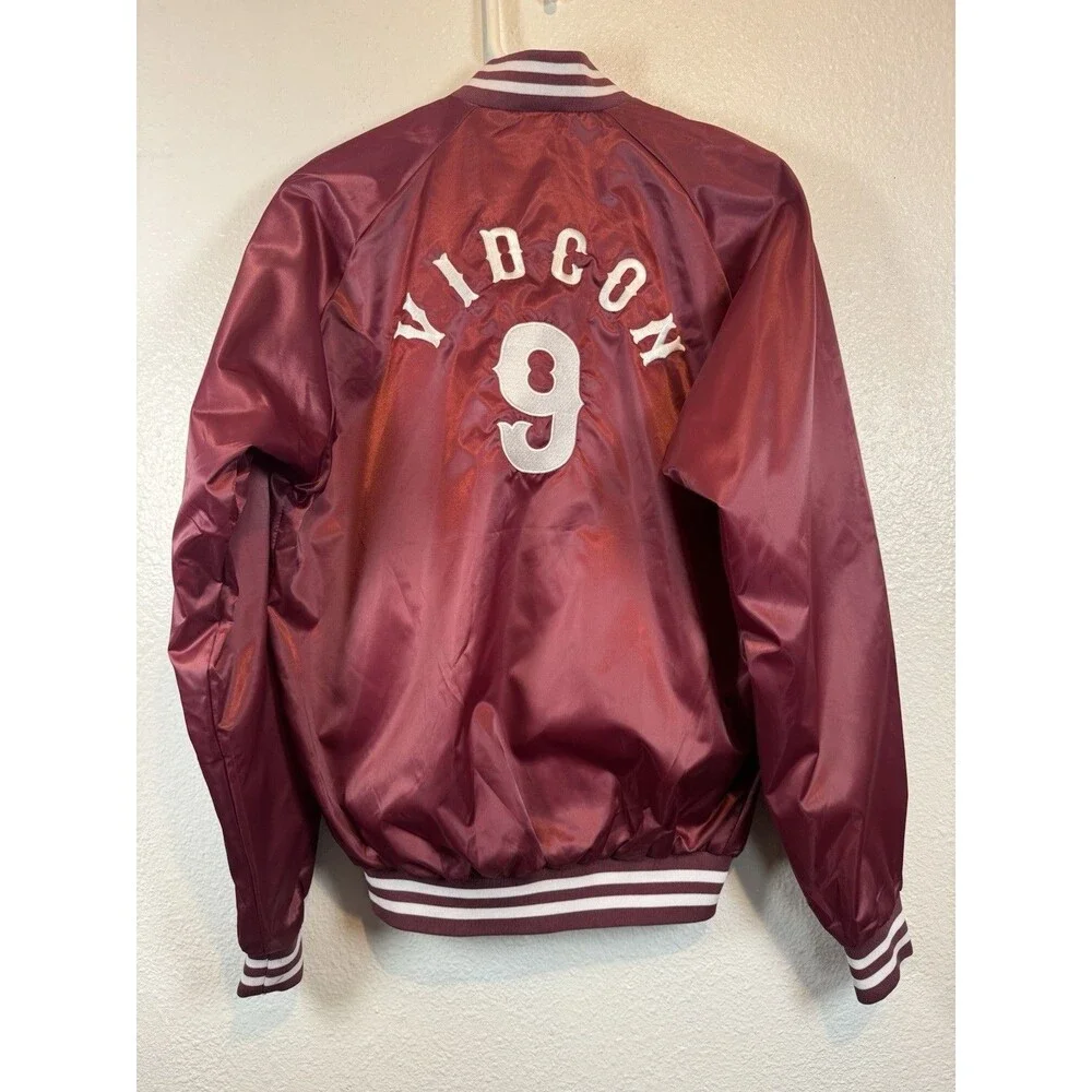 CARDINAL VIDCON 9 Burgundy Satin Bomber Varsity Jacket Embroidered Size Small